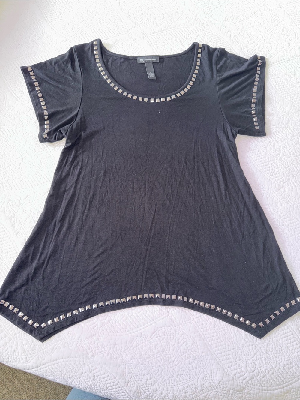 INC International Concepts Black Short Sleeve Top with Silver Stud Trim